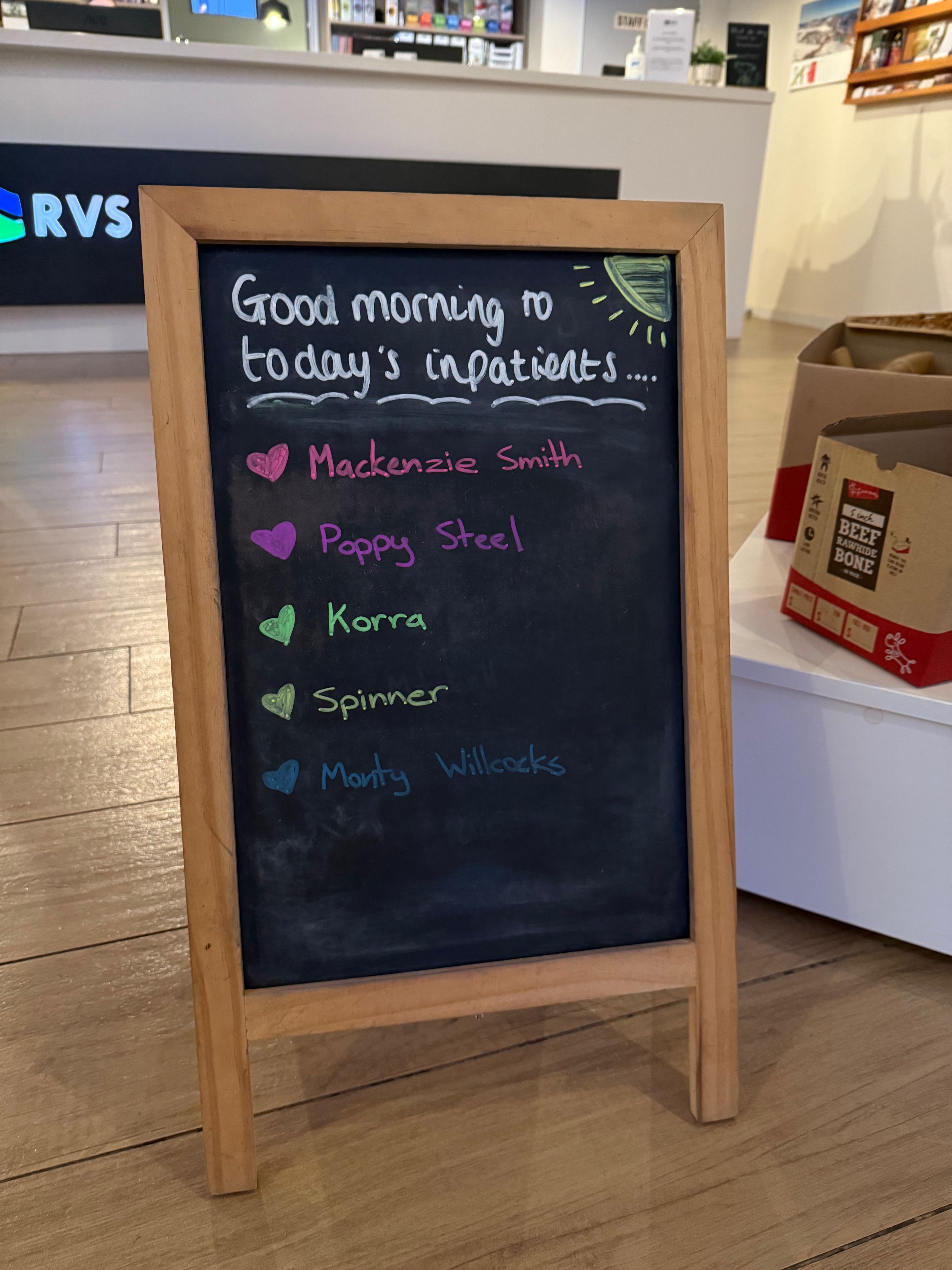 Korra on the sign at the vets. Poor doggo.