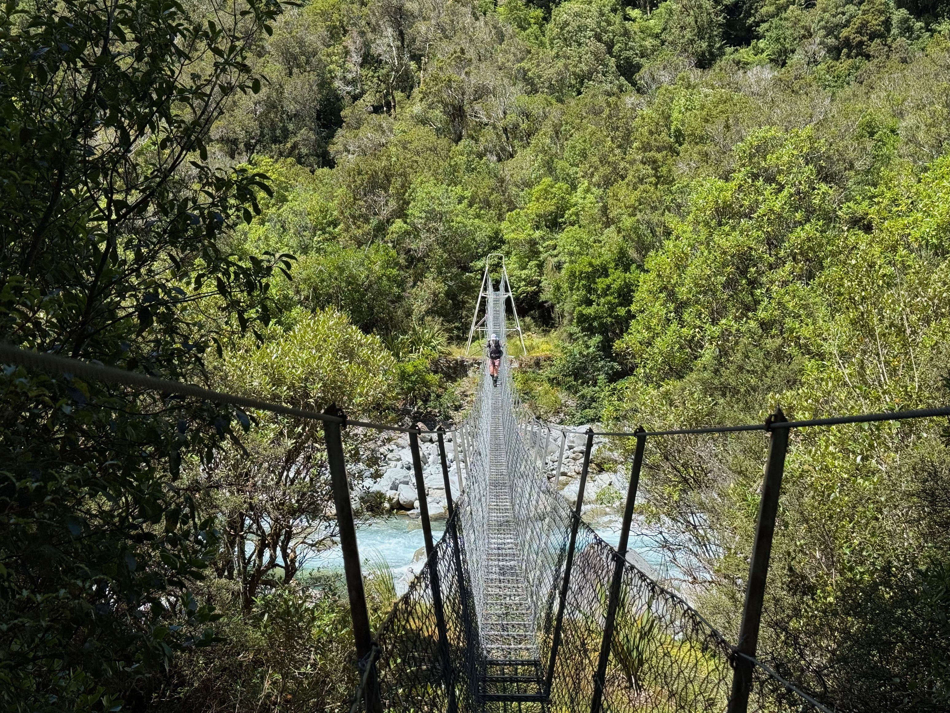 Jen on the bridge just upstream of Mid Taipo Hut.